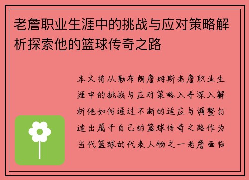 老詹职业生涯中的挑战与应对策略解析探索他的篮球传奇之路