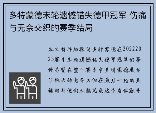 多特蒙德末轮遗憾错失德甲冠军 伤痛与无奈交织的赛季结局