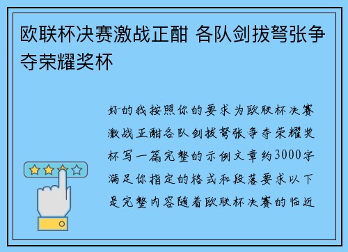 欧联杯决赛激战正酣 各队剑拔弩张争夺荣耀奖杯